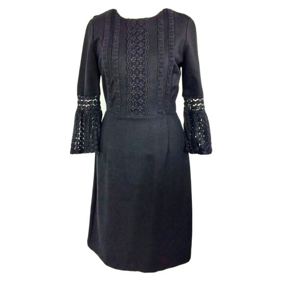 Nanette Lepore Black Crochet Detail Trumpet Sleeves Fit Flare event dress size 6 - Picture 1 of 11